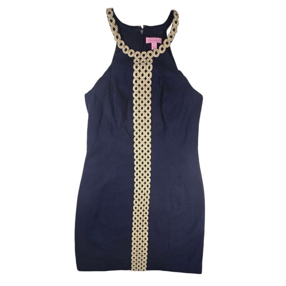 Lilly Pulitzer Sasha Navy Blue Shift w/ Metallic Gold Lace Applique sz 0